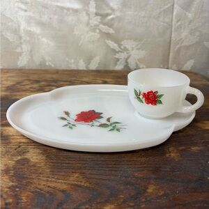 Vintage Federal Glass Rosecrest Pattern Snack Set with Cup and Plate